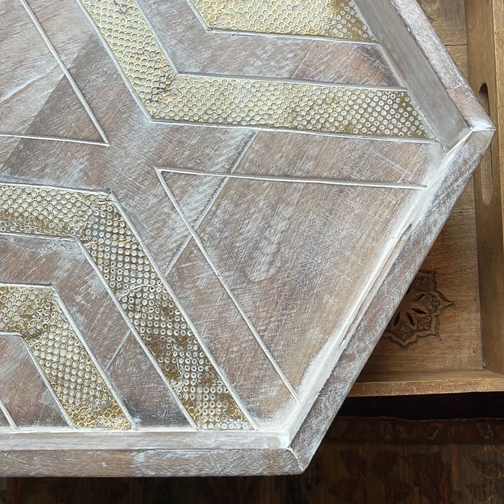 Unique Octagonal Distressed Natural Wooden Tray with Gold Accents 🌟NWT! - Picture 10 of 16
